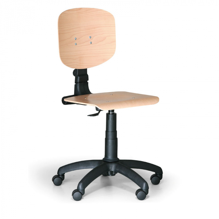 Pracovní židle dřevěná, plastový kříž, kolečka