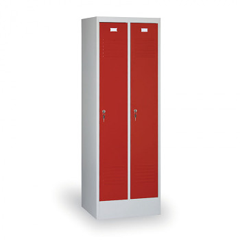 Šatní skříň EKONOMIK, sokl, demontovaná, 2x červená dv./korp. šedá, zámek cylindrický