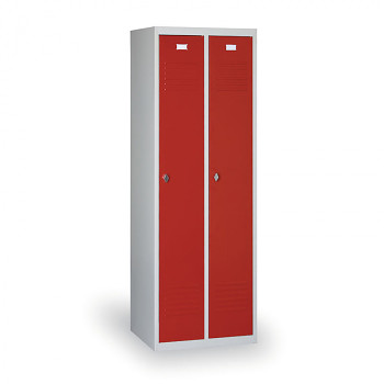 Šatní skříň EKONOMIK, sokl, demontovaná, 2x červená dv./korp. šedá, zámek otočný