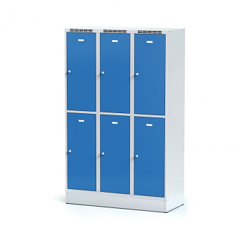 Šatní skříň boxová, sokl, svařovaná,  6x modrá dv./korp. šedá, zámek cylindrický, II