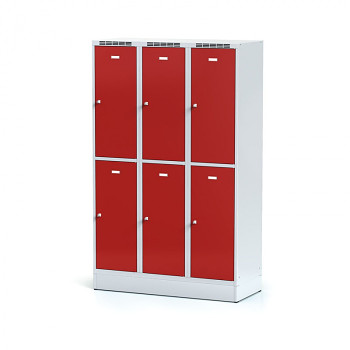 Šatní skříň boxová, sokl, svařovaná,  6x červená dv./korp. šedá, zámek cylindrický, II