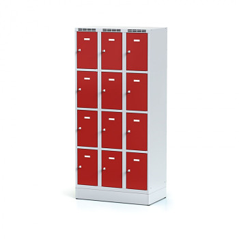 Šatní skříň boxová, sokl, svařovaná, 12x červená dv./korp. šedá, zámek cylindrický