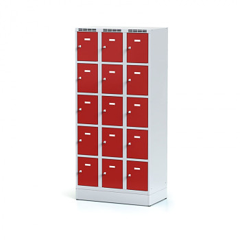 Šatní skříň boxová, sokl, svařovaná, 15x červená dv./korp. šedá, zámek cylindrický