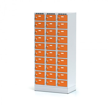 Šatní skříň boxová, sokl, svařovaná, 30x oranžová dv./korp. šedá, zámek cylindrický