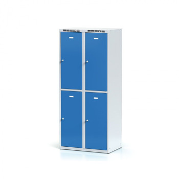 Šatní skříň boxová, bez podnože, svařovaná,  4x modrá dv./korp. šedá, zámek otočný, II