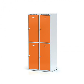 Šatní skříň boxová, bez podnože, svařovaná,  4x oranžová dv./korp. šedá, zámek otočný, II