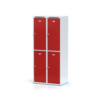 Šatní skříň boxová, bez podnože, svařovaná,  4x červená dv./korp. šedá, zámek otočný, II