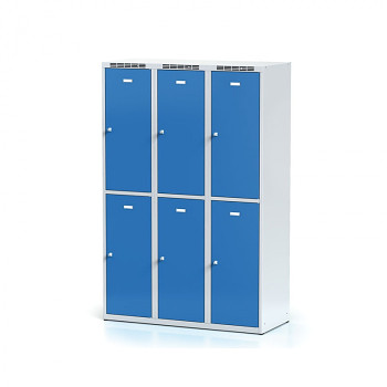 Šatní skříň boxová, bez podnože, svařovaná,  6x modrá dv./korp. šedá, zámek cylindrický, II