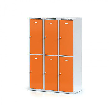 Šatní skříň boxová, bez podnože, svařovaná,  6x oranžová dv./korp. šedá, zámek otočný, II