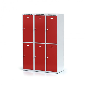 Šatní skříň boxová, bez podnože, svařovaná,  6x červená dv./korp. šedá, zámek otočný, II