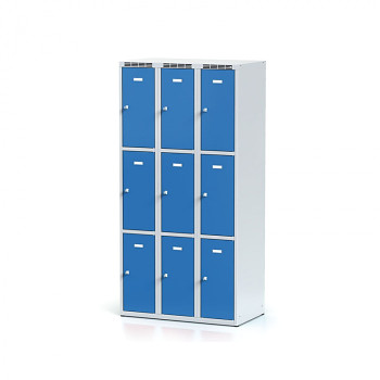 Šatní skříň boxová, bez podnože, svařovaná,  9x modrá dv./korp. šedá, zámek cylindrický
