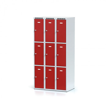 Šatní skříň boxová, bez podnože, svařovaná,  9x červená dv./korp. šedá, zámek cylindrický