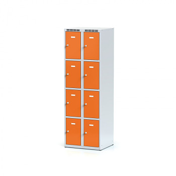 Šatní skříň boxová, bez podnože, svařovaná,  8x oranžová dv./korp. šedá, zámek otočný