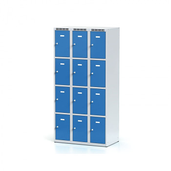 Šatní skříň boxová, bez podnože, svařovaná, 12x modrá dv./korp. šedá, zámek otočný