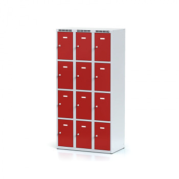 Šatní skříň boxová, bez podnože, svařovaná, 12x červená dv./korp. šedá, zámek otočný