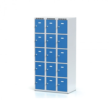 Šatní skříň boxová, bez podnože, svařovaná, 15x modrá dv./korp. šedá, zámek otočný
