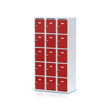 Šatní skříň boxová, bez podnože, svařovaná, 15x červená dv./korp. šedá, zámek otočný