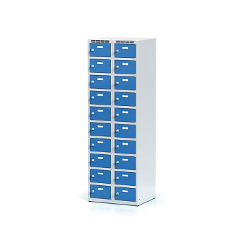 Šatní skříň boxová, bez podnože, svařovaná, 20x modrá dv./korp. šedá, zámek otočný
