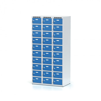 Šatní skříň boxová, bez podnože, svařovaná, 30x modrá dv./korp. šedá, zámek otočný