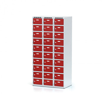 Šatní skříň boxová, bez podnože, svařovaná, 30x červená dv./korp. šedá, zámek cylindrický