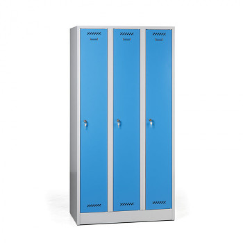 Šatní skříň, sokl 1, svařovaná, 3x modrá dv./korp. šedá, zámek cylindrický
