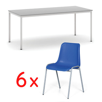 Stůl 1800x800 mm + 6x plastová židle modrá