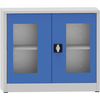Kovová skříň s prosklenými dveřmi  800x 950x400 mm, šedá/modrá, 1 police/65 kg, svař.