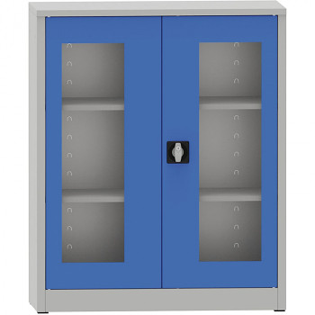 Kovová skříň s prosklenými dveřmi 1150x 950x400 mm, šedá/modrá, 2 police/65 kg, svař.