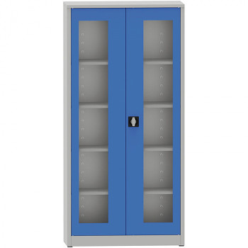 Kovová skříň s prosklenými dveřmi 1950x 950x400 mm, šedá/modrá, 4 police/65 kg, svař.