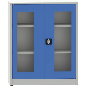 Kovová skříň s prosklenými dveřmi 1150x 950x500 mm, šedá/modrá, 2 police/65 kg, svař.