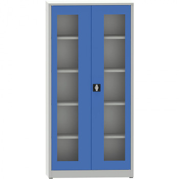 Kovová skříň s prosklenými dveřmi 1950x 950x500 mm, šedá/modrá, 4 police/65 kg, svař.