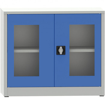 Kovová skříň s prosklenými dveřmi  800x 950x600 mm, šedá/modrá, 1 police/65 kg, svař.