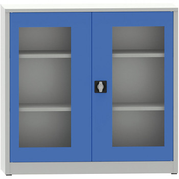 Kovová skříň s prosklenými dveřmi 1150x1200x400 mm, šedá/modrá, 2 police/65 kg, svař.