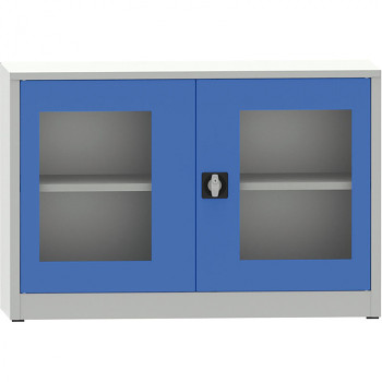 Kovová skříň s prosklenými dveřmi  800x1200x500 mm, šedá/modrá, 1 police/65 kg, svař.