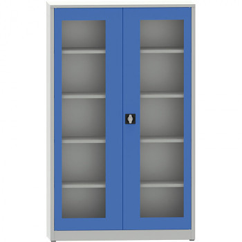 Kovová skříň s prosklenými dveřmi 1950x1200x600 mm, šedá/modrá, 4 police/65 kg, svař.