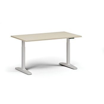 Výškově nastavitelný stůl, elektrický, 675-1325 mm, deska 1400x800 mm, bílá podnož, bříza