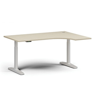Výškově nastavitelný stůl, elektrický, 675-1325 mm, rohový pravý, deska 1600x1200 mm, bílá podnož, bříza