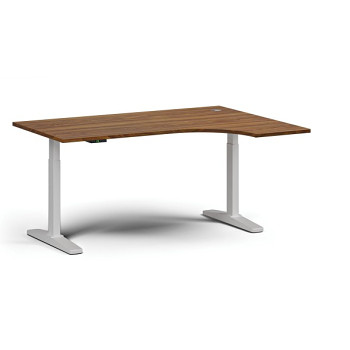 Výškově nastavitelný stůl, elektrický, 675-1325 mm, rohový pravý, deska 1600x1200 mm, bílá podnož, ořech