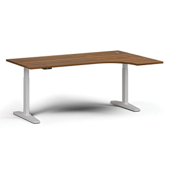 Výškově nastavitelný stůl, elektrický, 675-1325 mm, rohový pravý, deska 1800x1200 mm, bílá podnož, ořech