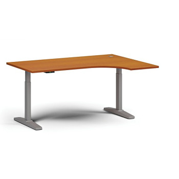 Výškově nastavitelný stůl, elektrický, 675-1325 mm, rohový pravý, deska 1600x1200 mm, šedá podnož, třešeň