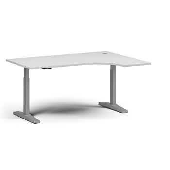 Výškově nastavitelný stůl, elektrický, 675-1325 mm, rohový pravý, deska 1600x1200 mm, šedá podnož, bílá