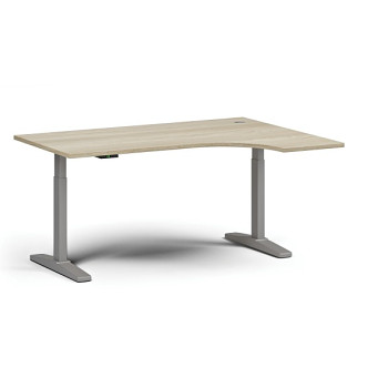 Výškově nastavitelný stůl, elektrický, 675-1325 mm, rohový pravý, deska 1600x1200 mm, šedá podnož, dub přírodní