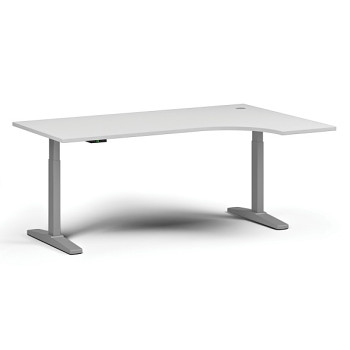Výškově nastavitelný stůl, elektrický, 675-1325 mm, rohový pravý, deska 1800x1200 mm, šedá podnož, bílá