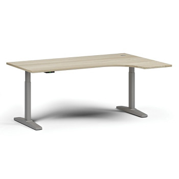 Výškově nastavitelný stůl, elektrický, 675-1325 mm, rohový pravý, deska 1800x1200 mm, šedá podnož, dub přírodní