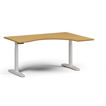 Výškově nastavitelný stůl, elektrický, 675-1325 mm, ergonomický pravý, deska 1600x1200 mm, bílá podnož, buk