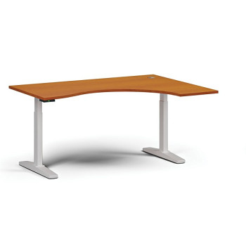 Výškově nastavitelný stůl, elektrický, 675-1325 mm, ergonomický pravý, deska 1600x1200 mm, bílá podnož, třešeň