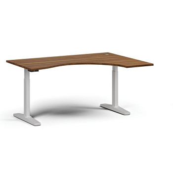 Výškově nastavitelný stůl, elektrický, 675-1325 mm, ergonomický pravý, deska 1600x1200 mm, bílá podnož, ořech