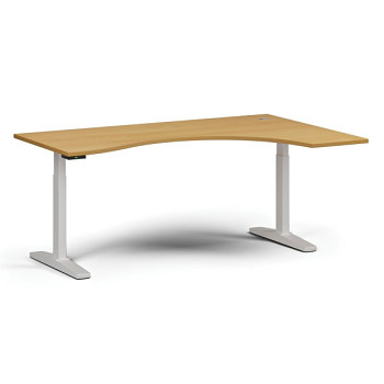 Výškově nastavitelný stůl, elektrický, 675-1325 mm, ergonomický pravý, deska 1800x1200 mm, bílá podnož, buk