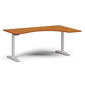 Výškově nastavitelný stůl, elektrický, 675-1325 mm, ergonomický pravý, deska 1800x1200 mm, bílá podnož, třešeň