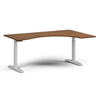 Výškově nastavitelný stůl, elektrický, 675-1325 mm, ergonomický pravý, deska 1800x1200 mm, bílá podnož, ořech